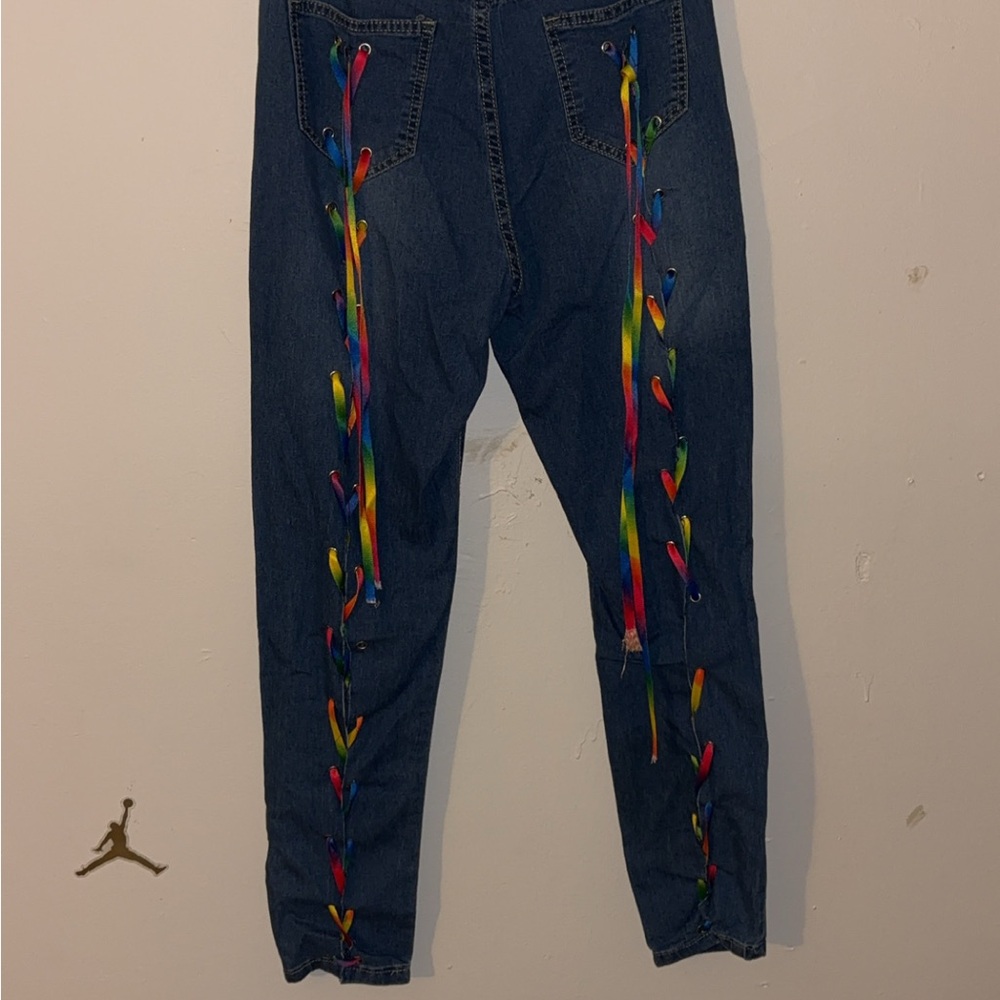 Vibrant Blue Women's Cropped Jeans with Colorful Embellishments